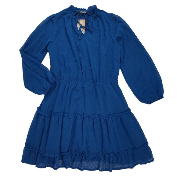 Btfbm Blue Swiss Dot Long Sleeve Ruffle Tiered Mini Dress XL Womens, NWT. - Picture 3 of 8